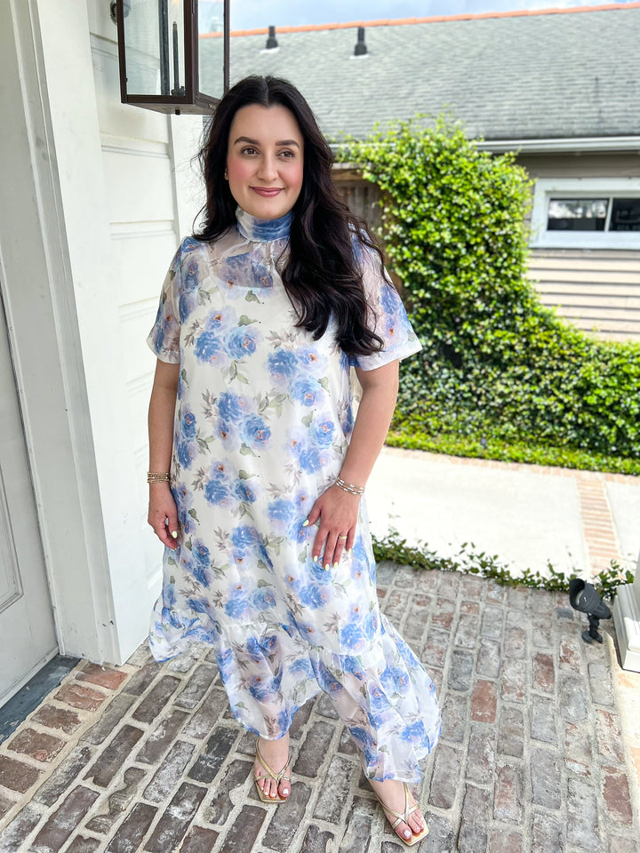 Blue Elegance Floral Organza Midi Dress