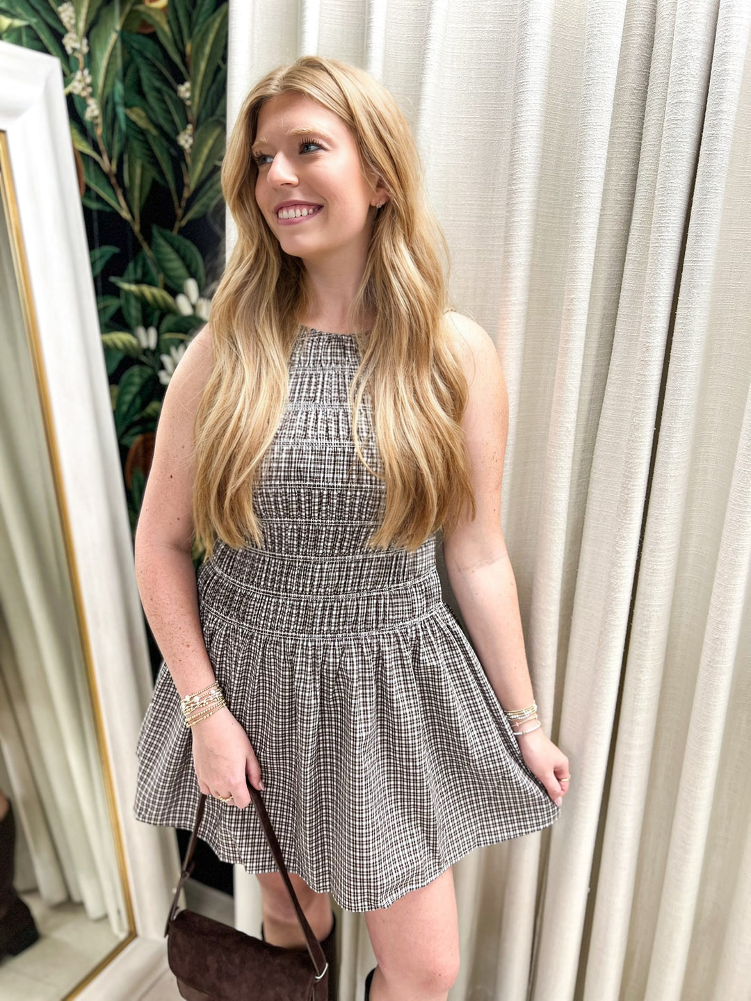 Brown Check Smocked Dress