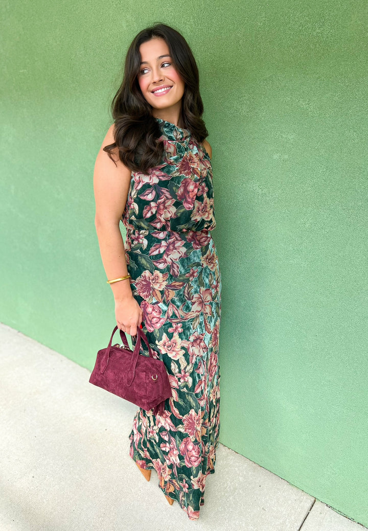 Teal Veda Velvet Draped Maxi Dress