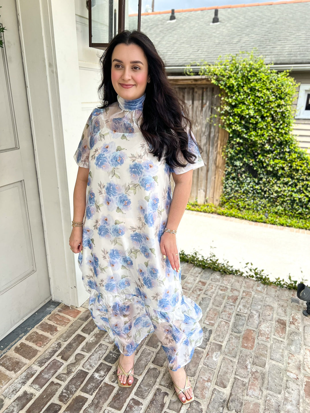 Blue Elegance Floral Organza Midi Dress