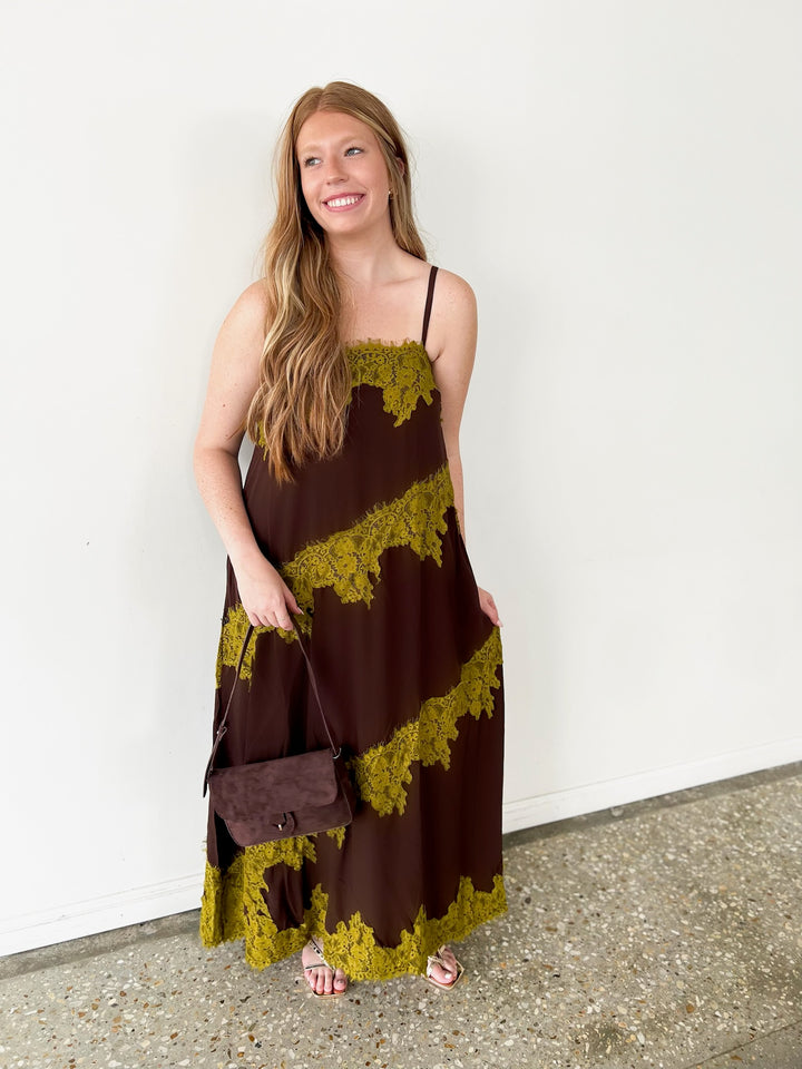 Olive Lace Trim Chocolate Midi