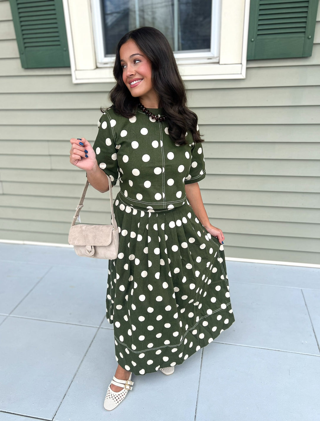 Olive Polka Dot Pleated Skirt Set
