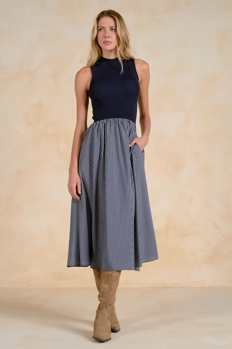 Night Time Navy Striped Midi Dress