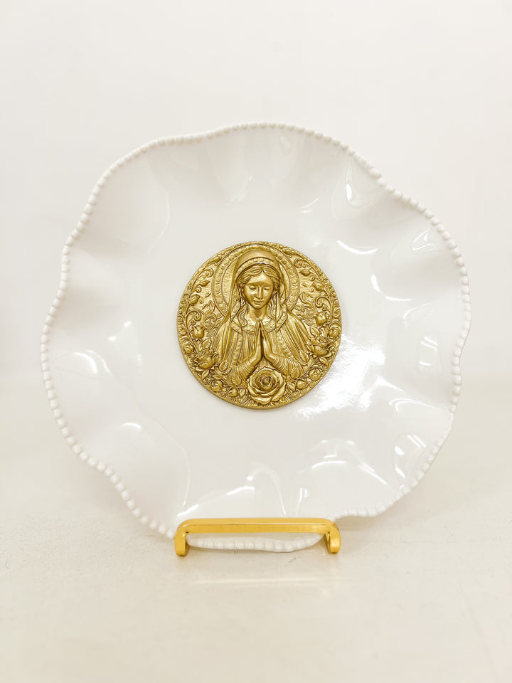 Mother Mary Intaglio on White Beaded 8" Plate w/ Gold Easel