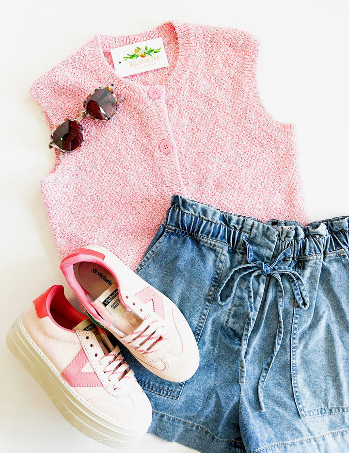 Pink Textured Button Vest Top