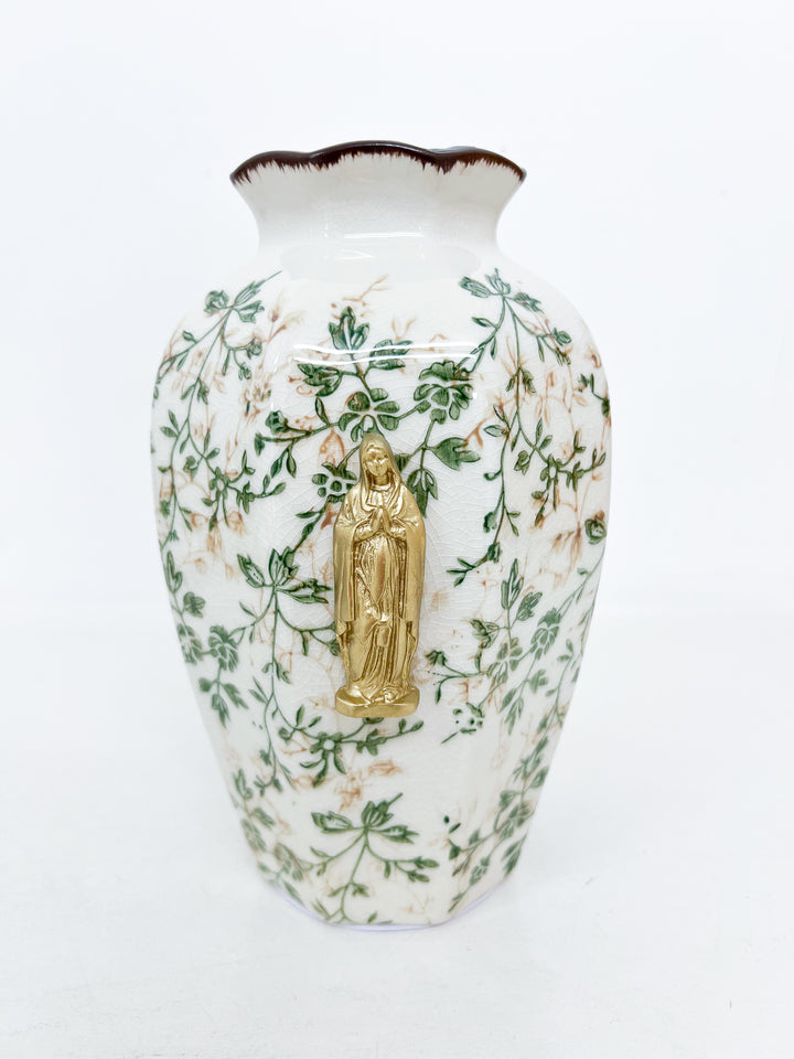 Mother Mary Intaglio on Tall Green/Beige Floral Ceramic Vase