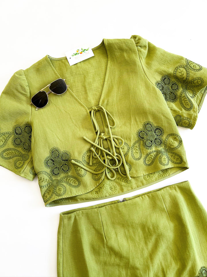 Citron Floweret Embroidered Tie Top