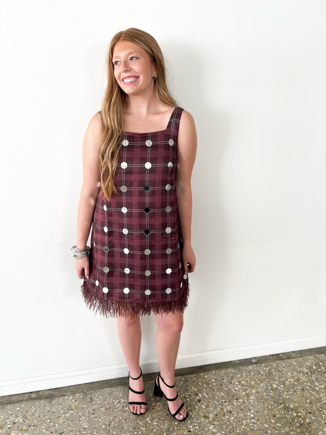 Plaid Burgundy Feather Trim Mini Dress
