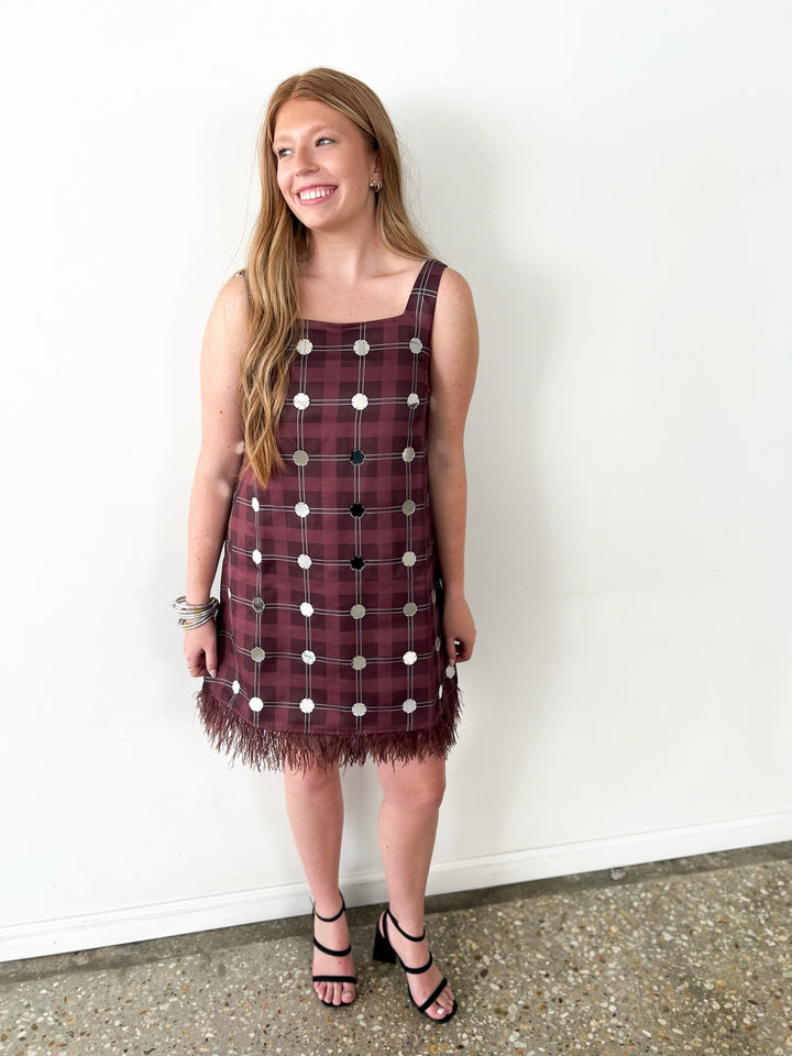 Plaid Burgundy Feather Trim Mini Dress