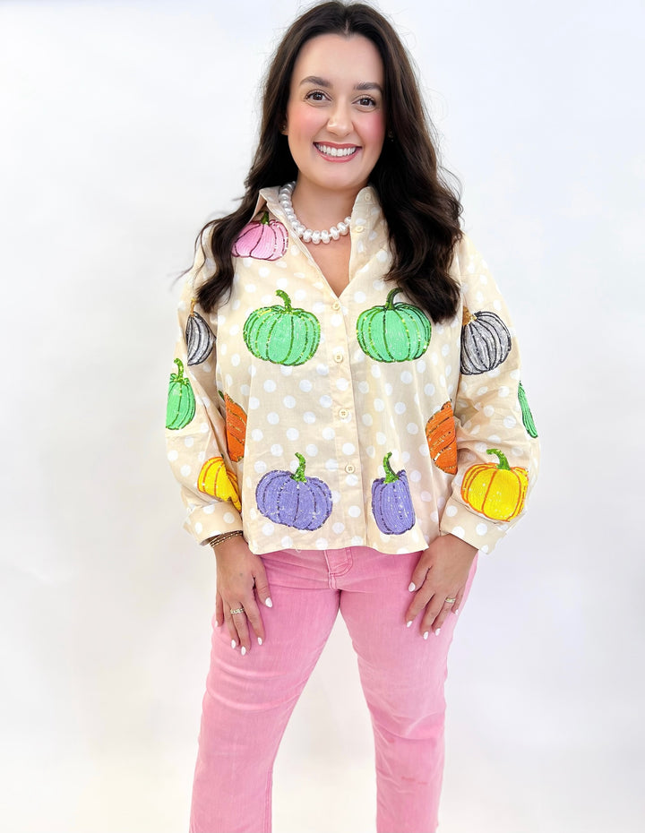 Multi Pumpkin Polka Dot Button Up