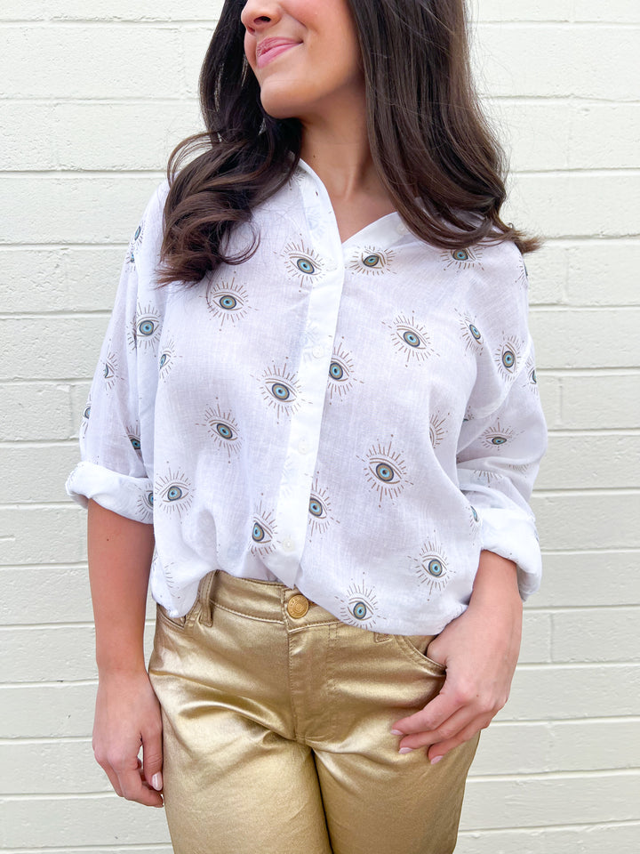 White Evil Eye Button Down