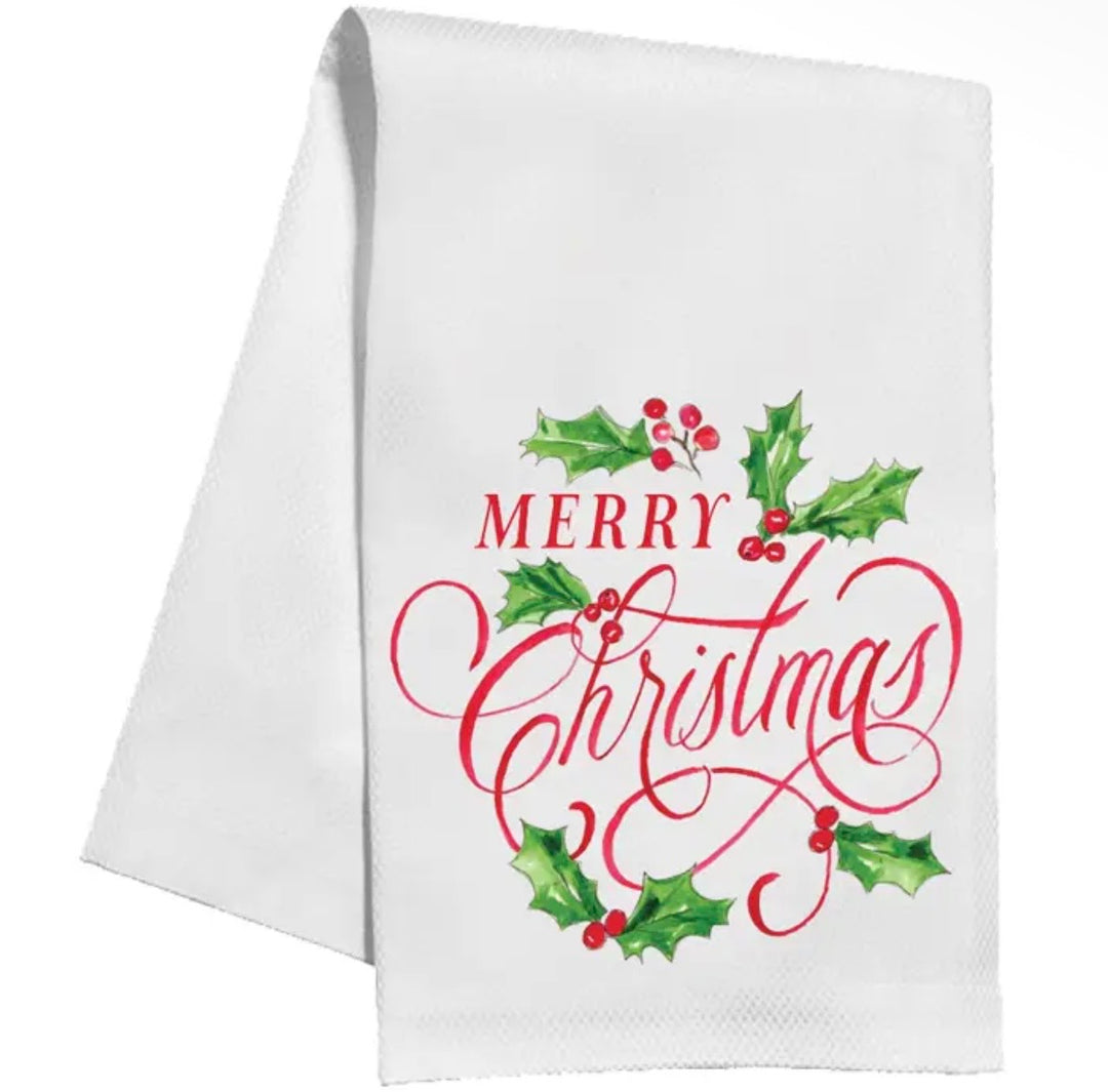 Merry Christmas Holly and Berries Kitchen Towel
