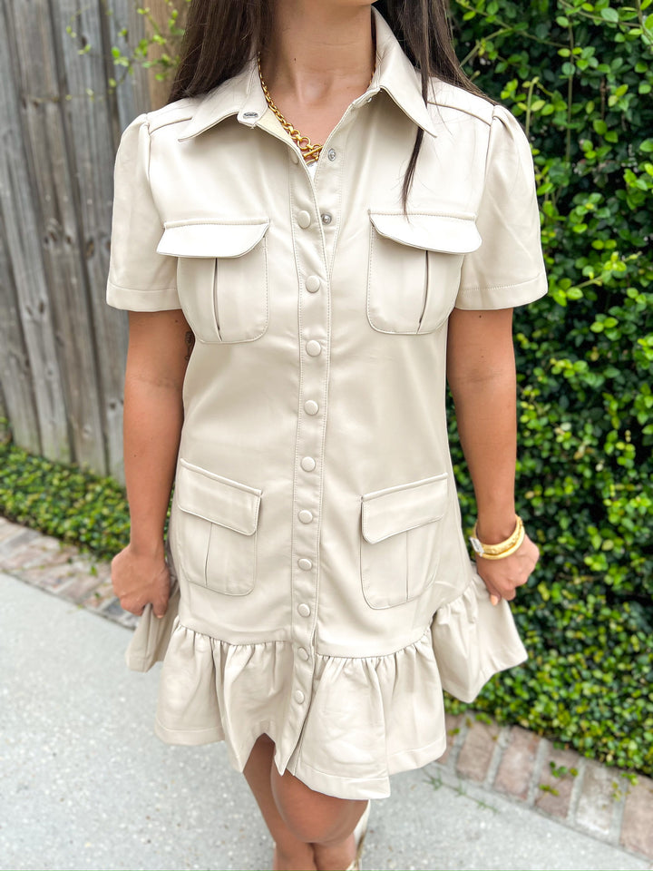 Ecru Four Pleated Button Down Dress