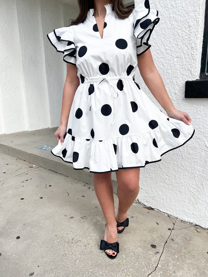 Randal Polka Dot Ruffle Shift Mini Dress