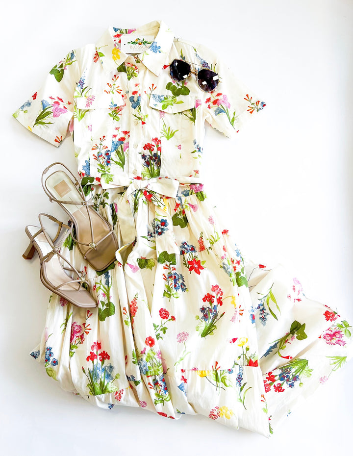 Cream Multi Floral Bloom Tie Waist Midi
