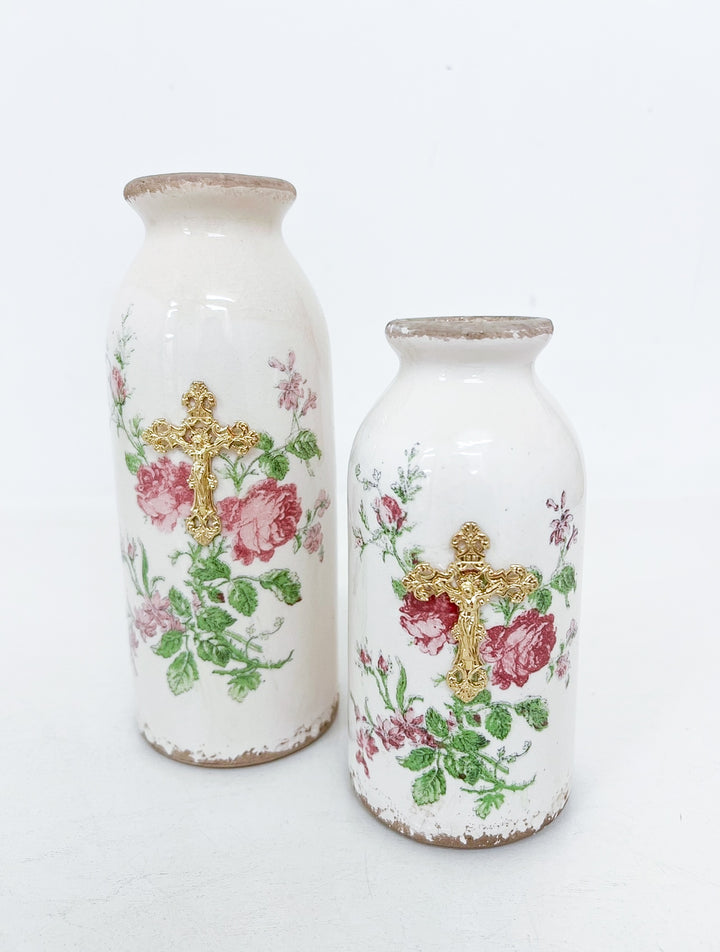 Crucifix on Pink Medium Floral Ceramic Vase