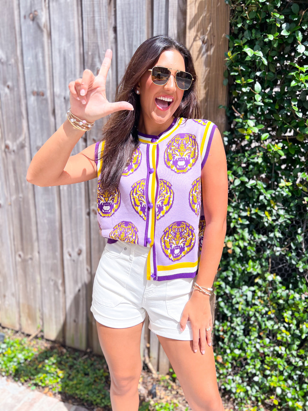 LSU Knit Rhinestone Button Up Vest