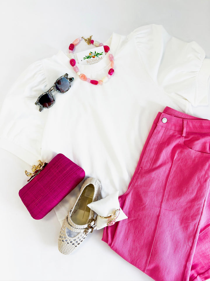 White Puff Sleeve Pullover Tee