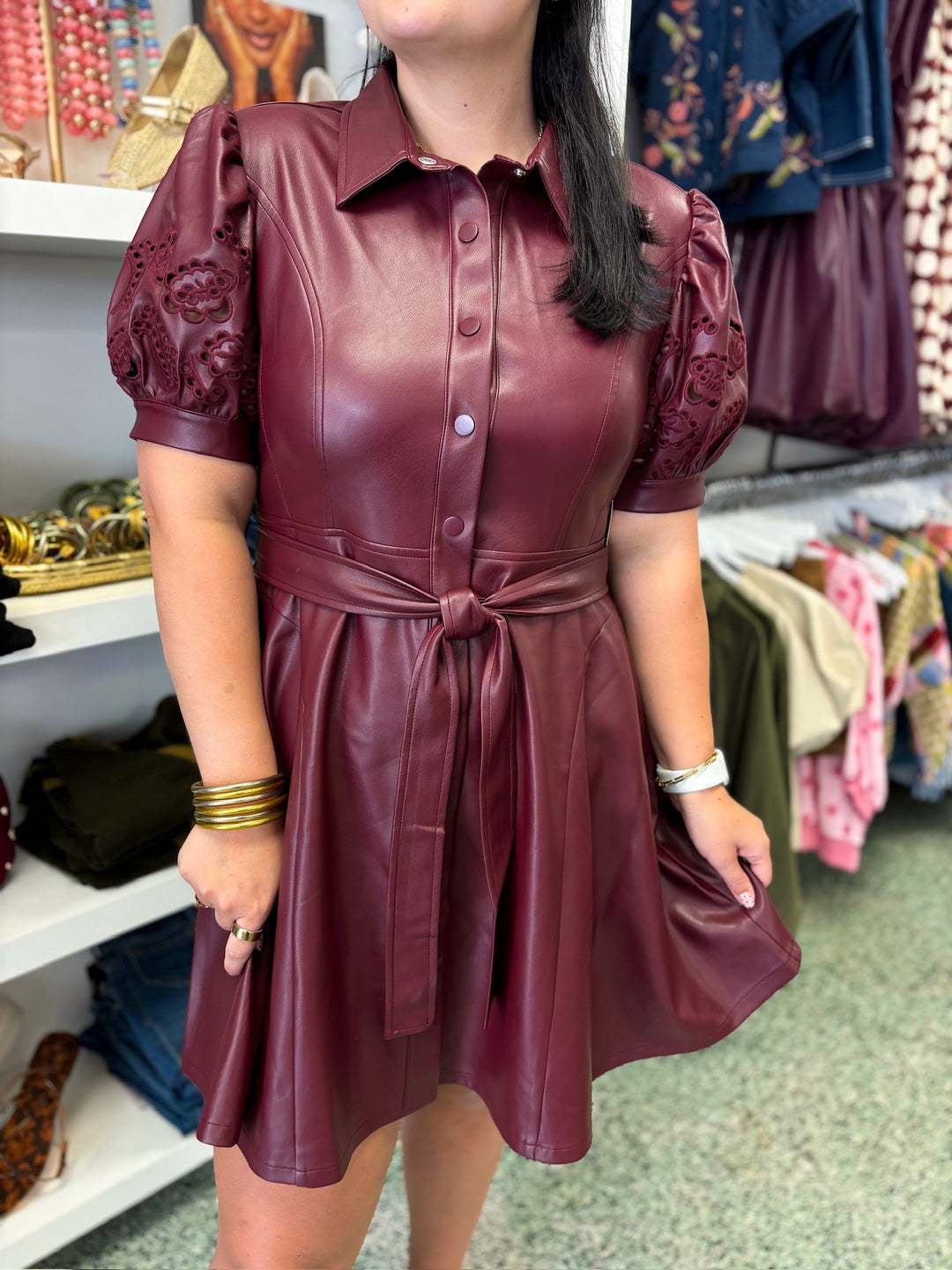 Burgundy Eyelet Sleeve Belted Dress