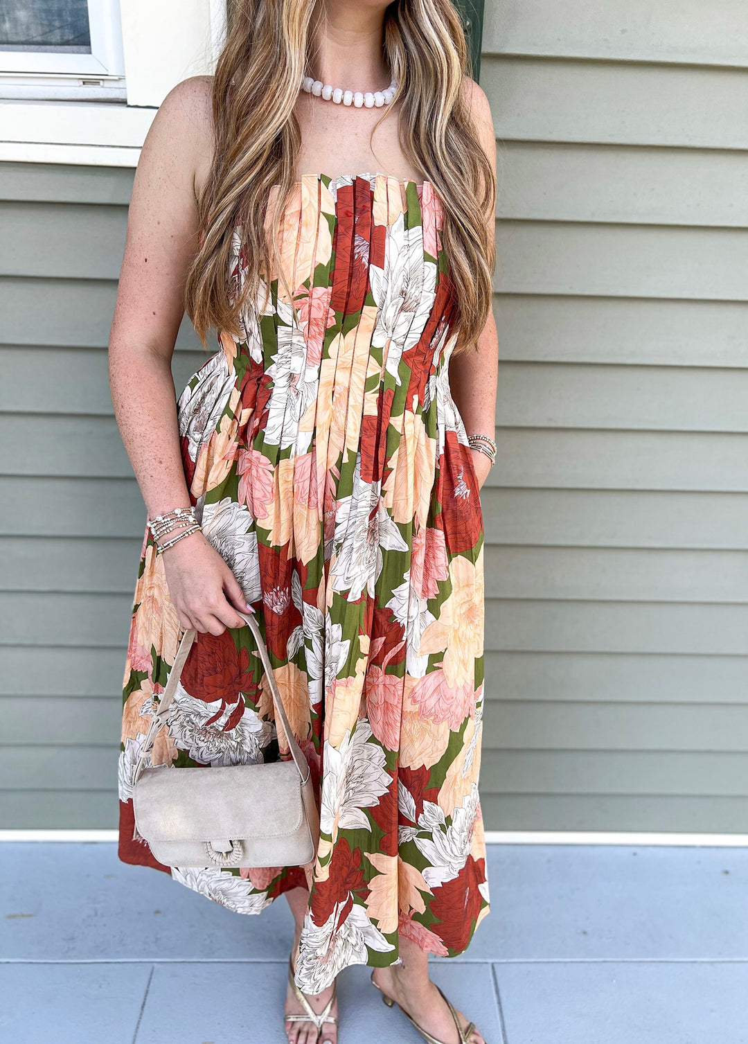 Olive Floral Falling Midi Dress