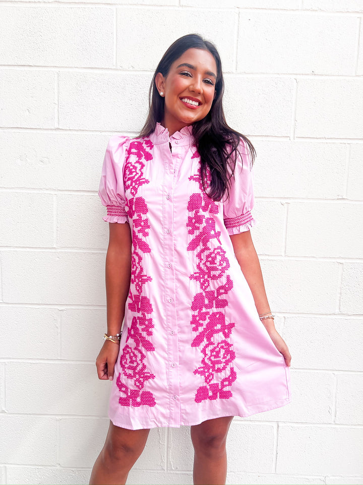 Pink Embroidered Flair Mini Dress