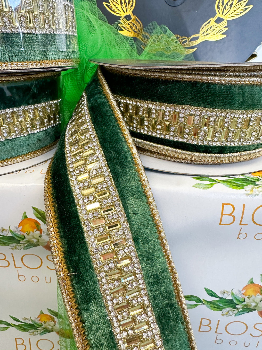 Green Velvet Jeweled Center Trim - 1.5x5yd