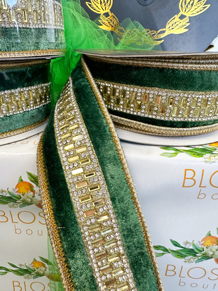 Green Velvet Jeweled Center Trim - 1.5x5yd
