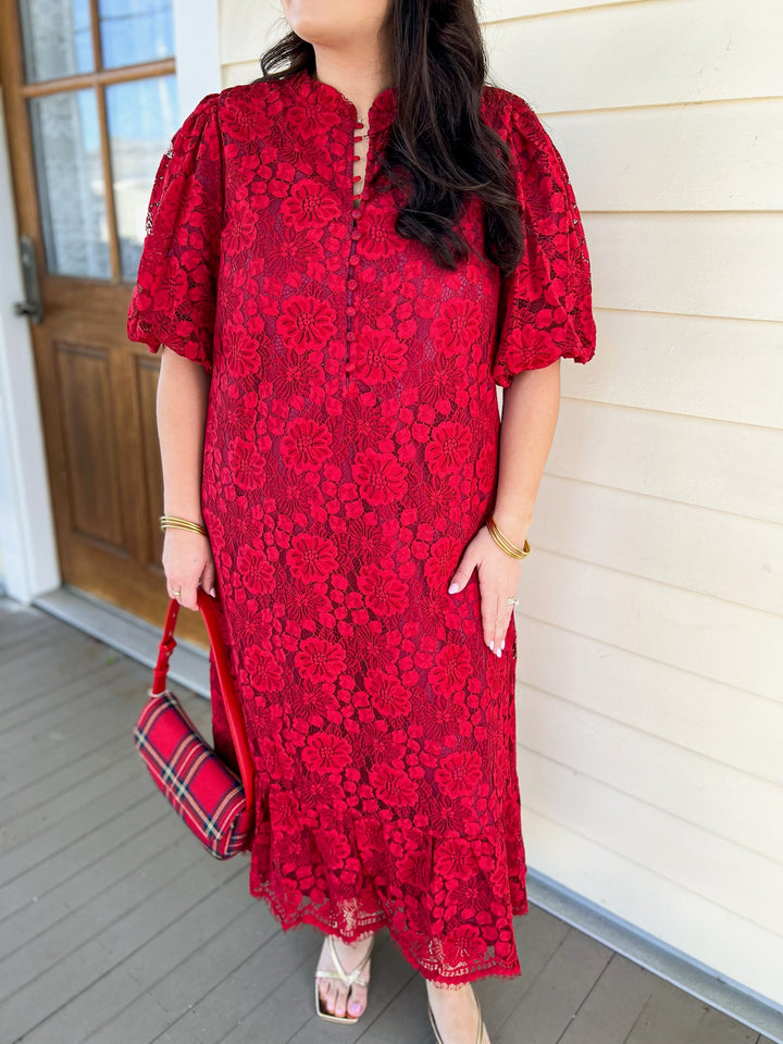 Red Ruffled Lace Merry Midi Dress
