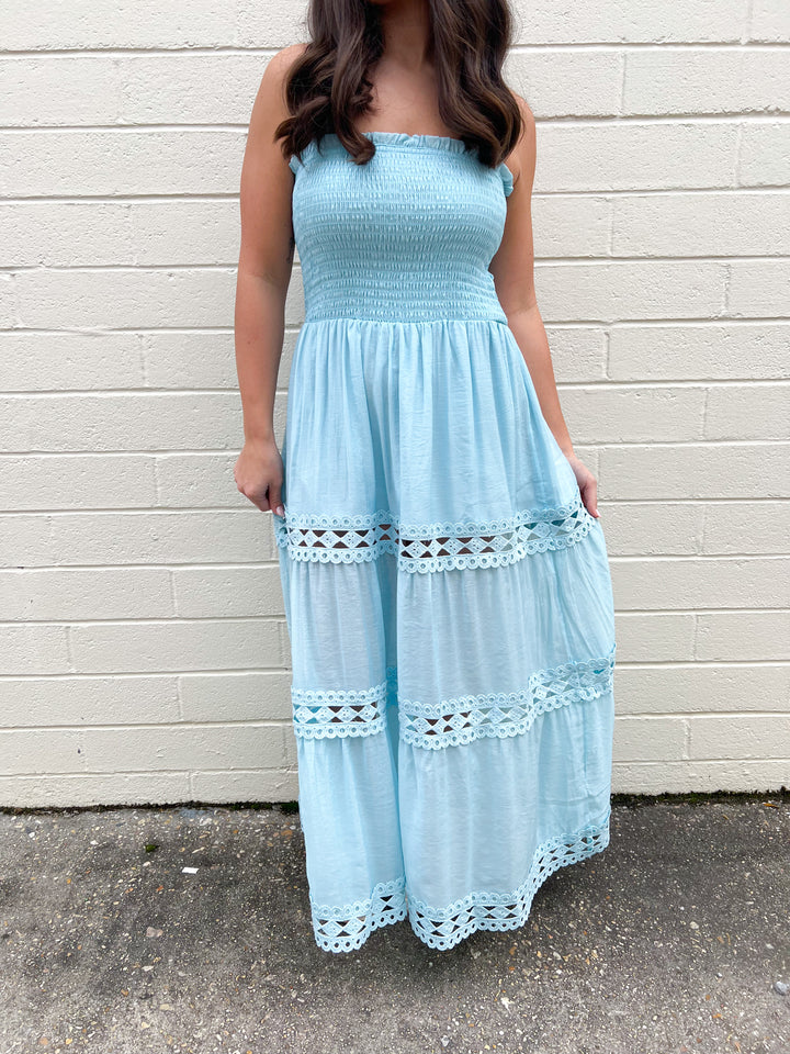 Blue Brightful Maxi Tiered Strapless Dress