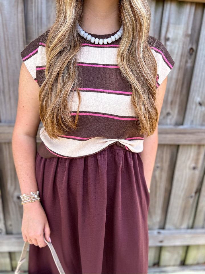 Brown and Pink Mixed Sweater Midi Dress