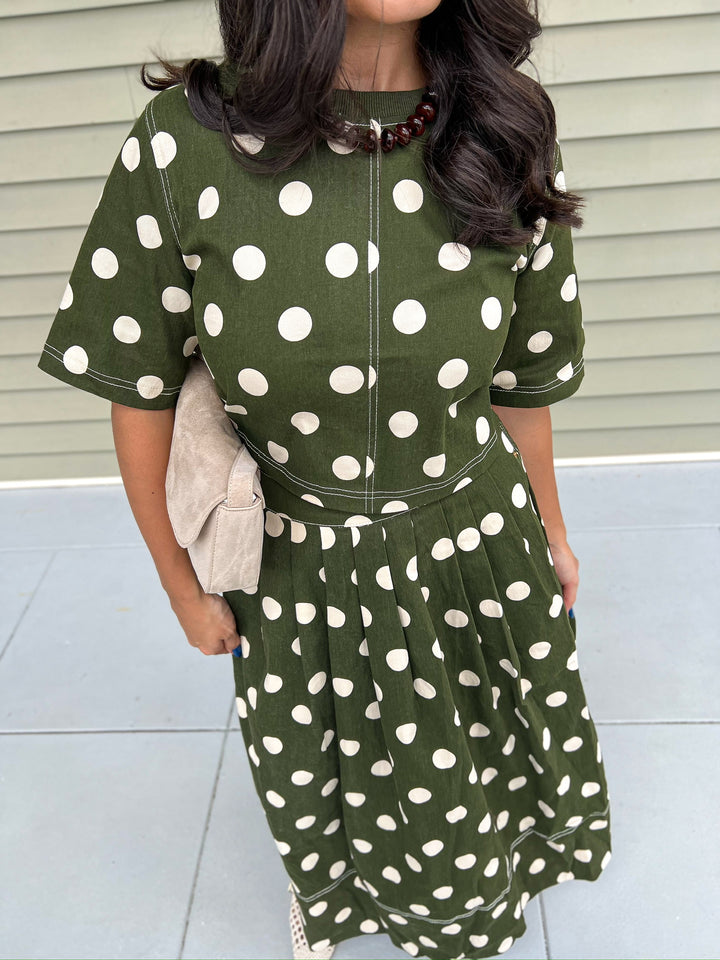 Olive Polka Dot Pleated Skirt Set