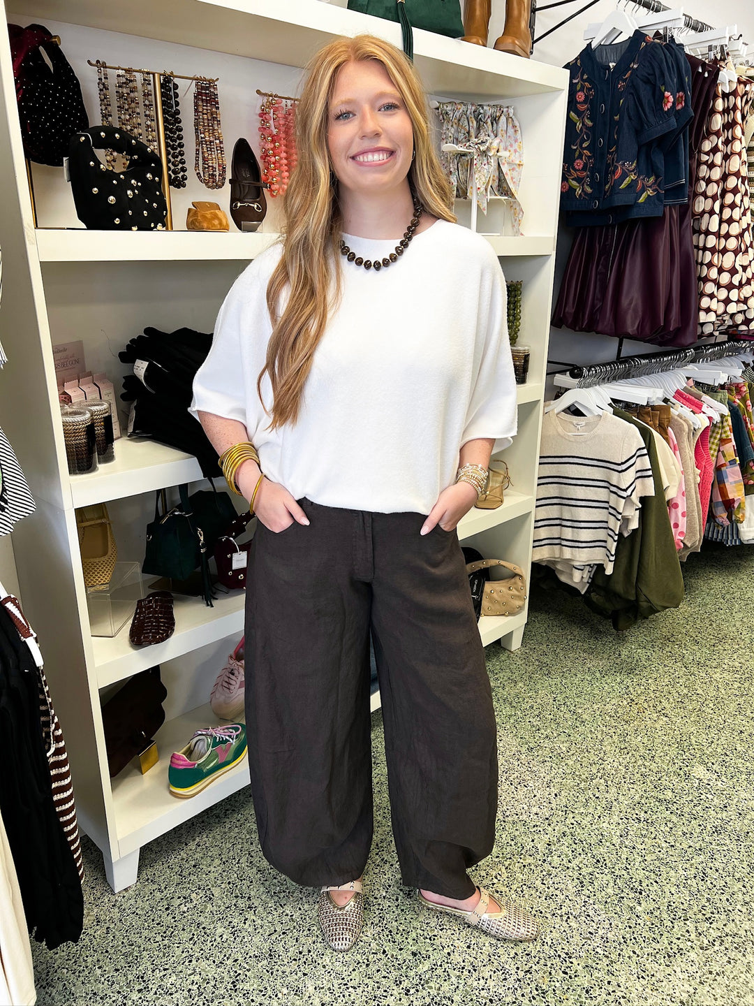Chocolate Linen Barrel Pants