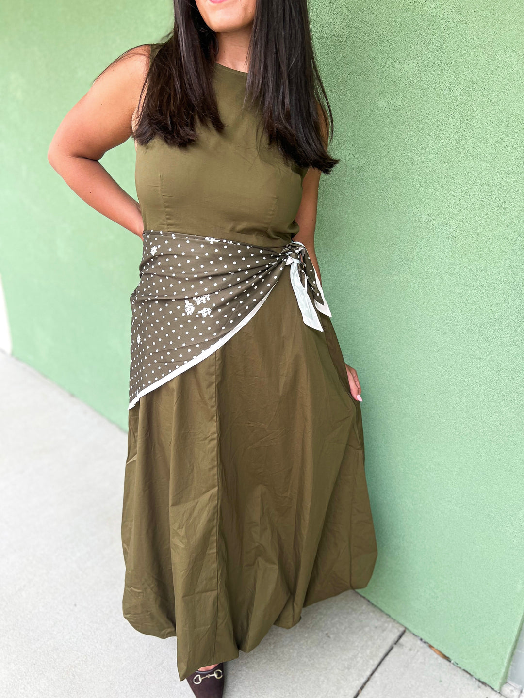 Olive Dottie Scarf Tie Midi Dress