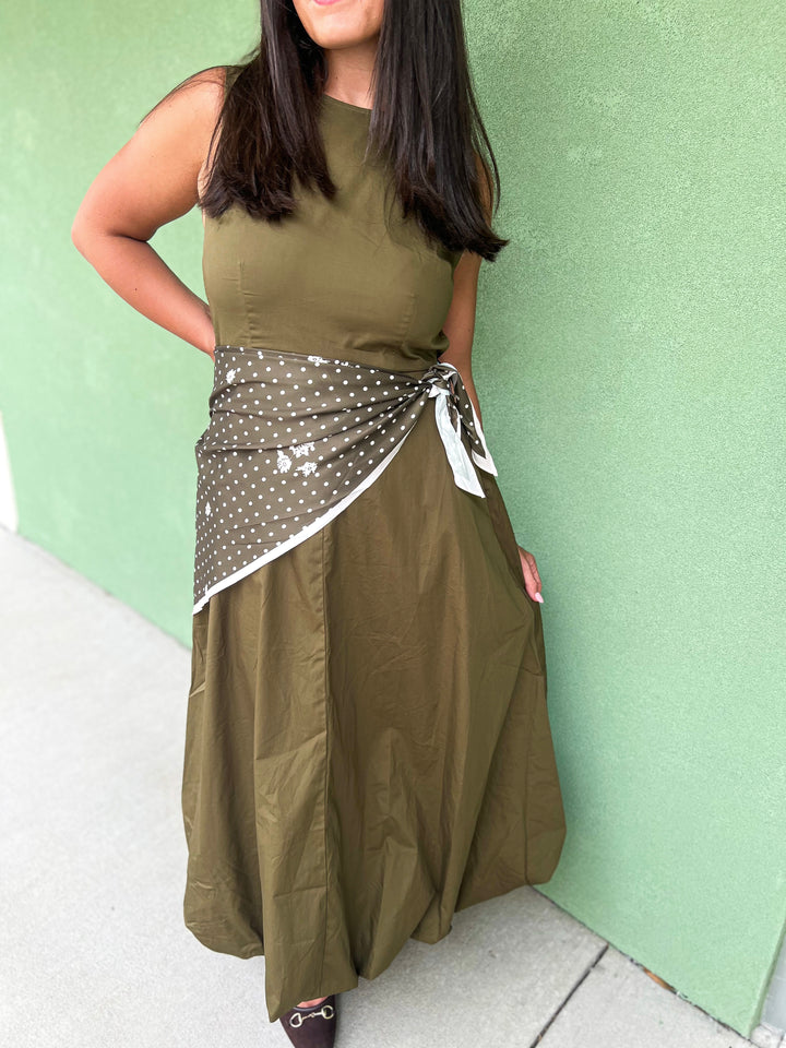Olive Dottie Scarf Tie Midi Dress