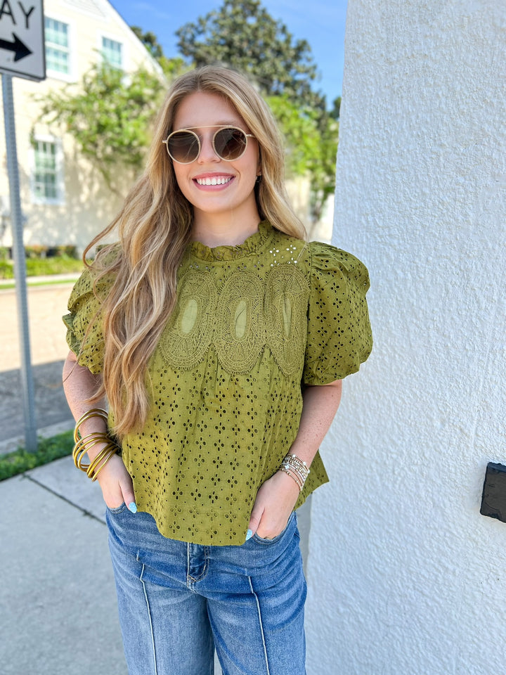 Olive Lollie Eyelet Mixed Top