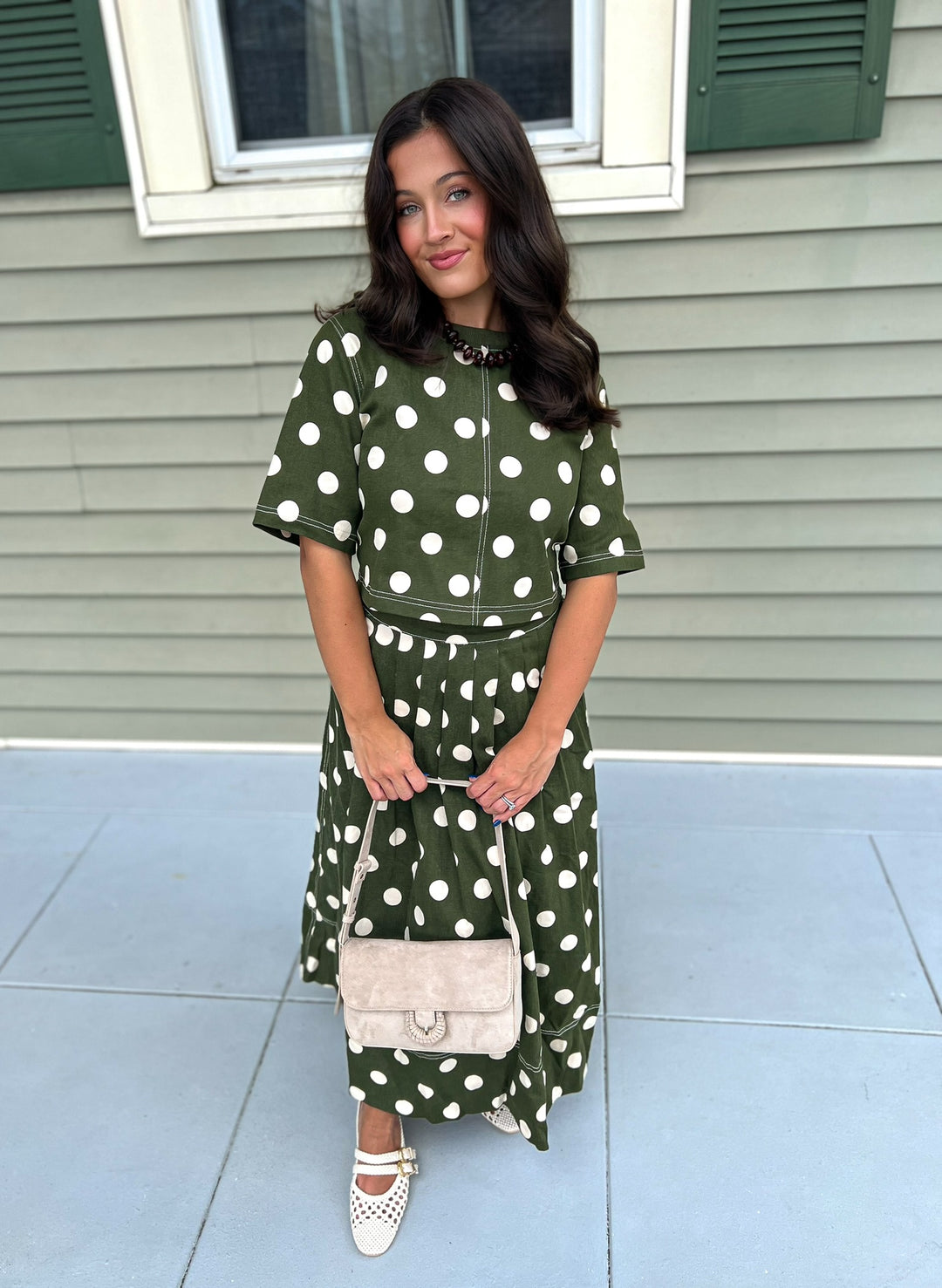 Olive Polka Dot Pleated Skirt Set
