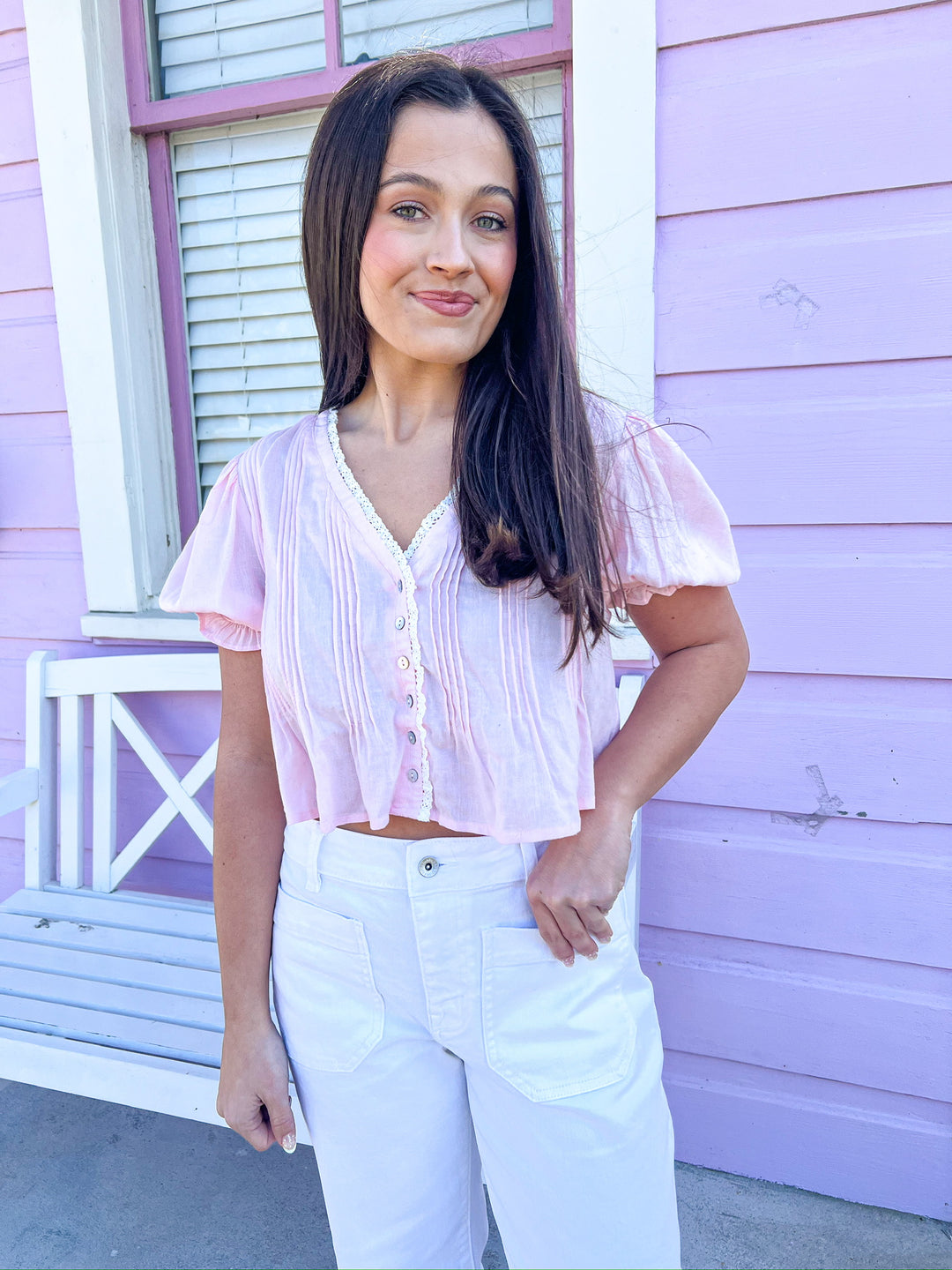 Pink Pintuck Lace Trim Blouse