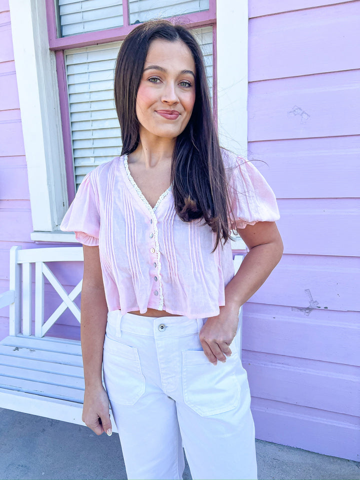 Pink Pintuck Lace Trim Blouse