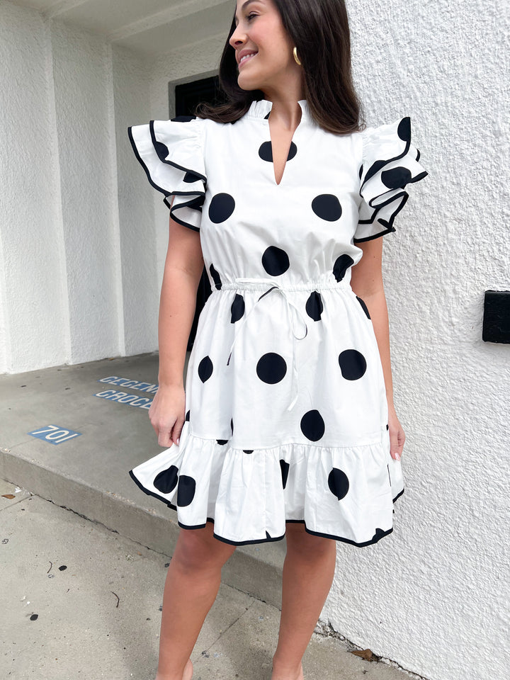 Randal Polka Dot Ruffle Shift Mini Dress