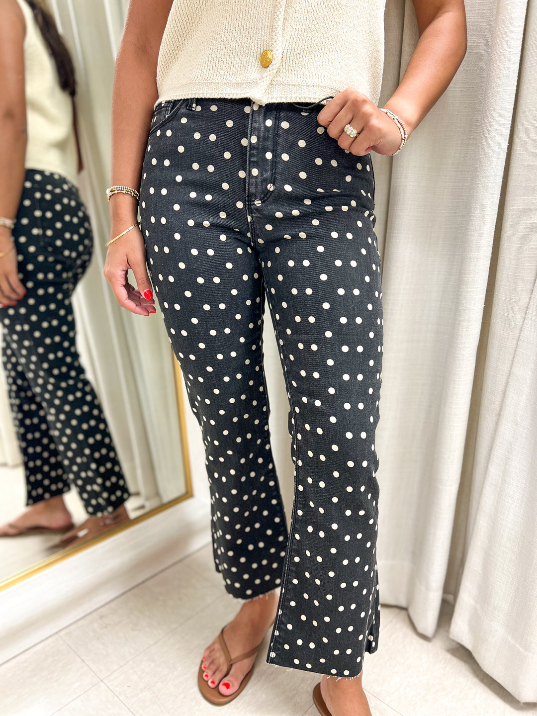 Black & Cream Polka Dot Tonal Crop Flare Denim