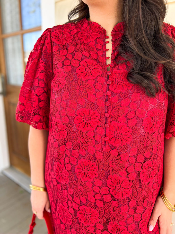 Red Ruffled Lace Merry Midi Dress