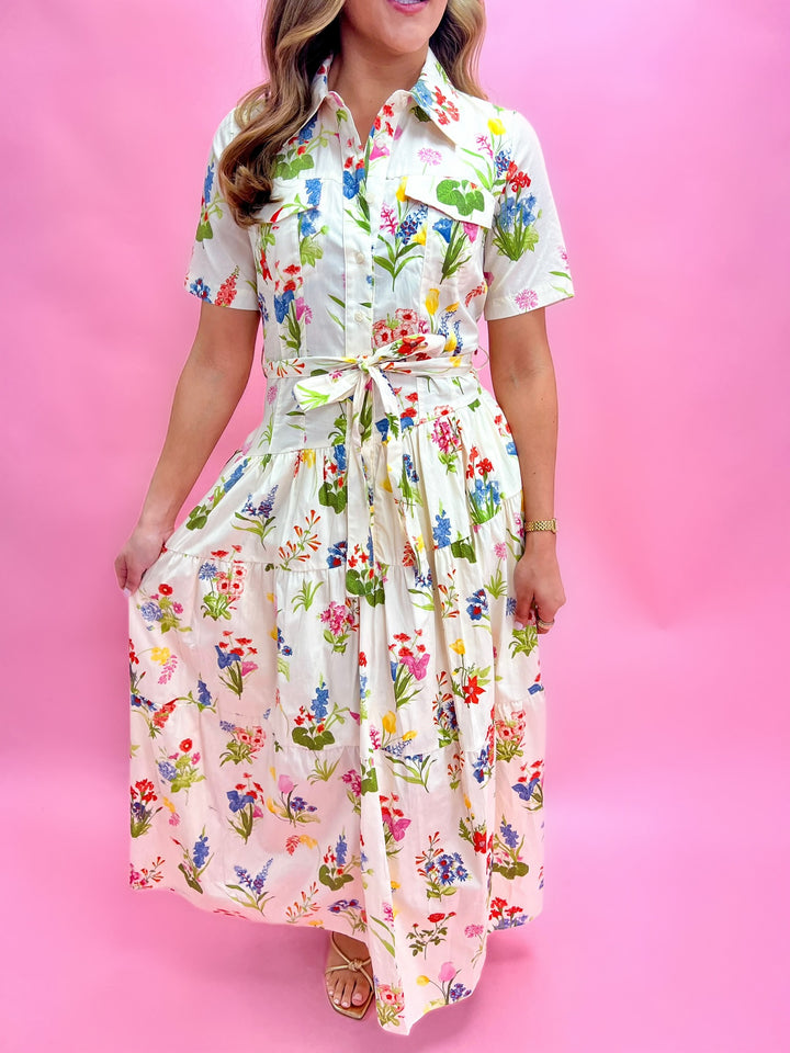 Cream Multi Floral Bloom Tie Waist Midi