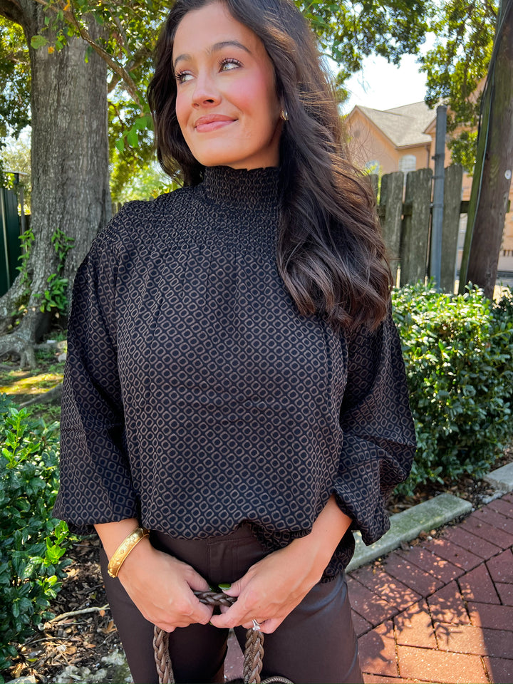 Espresso Geo Ellie Smocked Popover Top