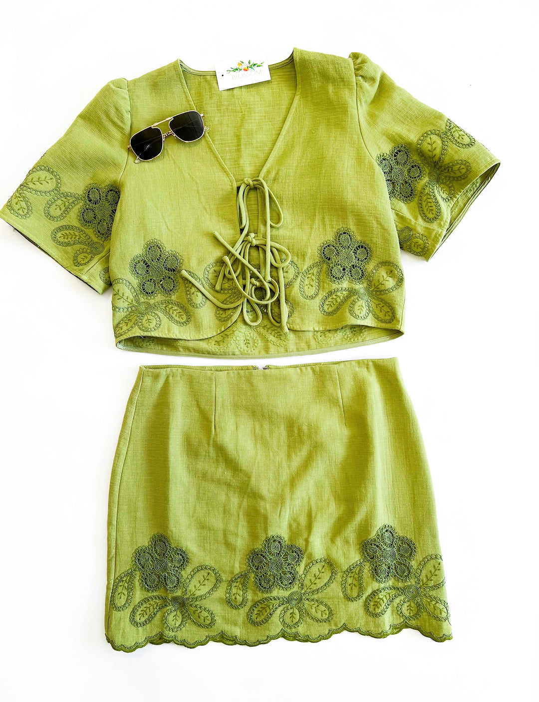 Citron Floweret Embroidered Tie Top