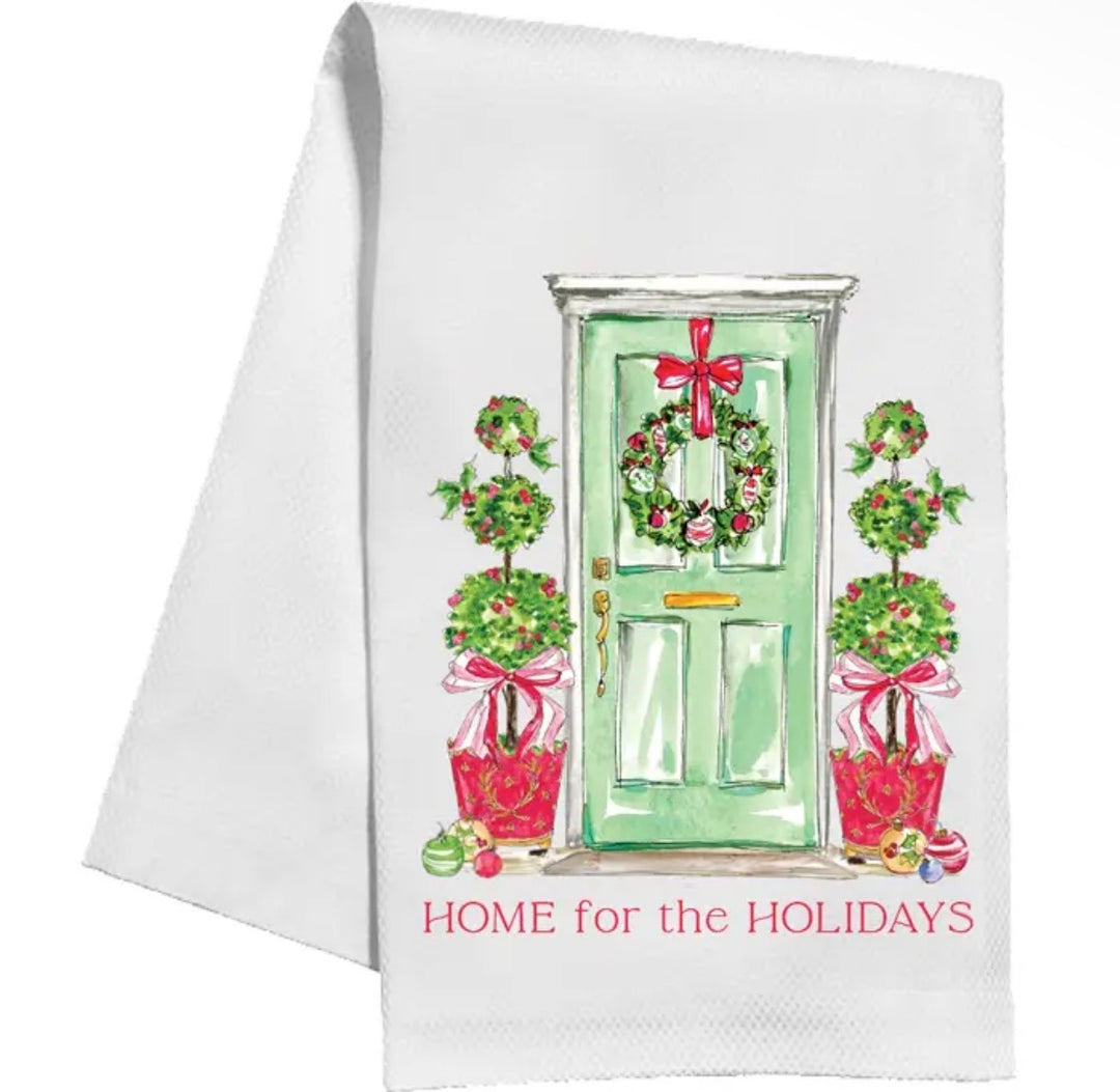 Home for the Holidays Wreath & Topiaries Kitchen Towel