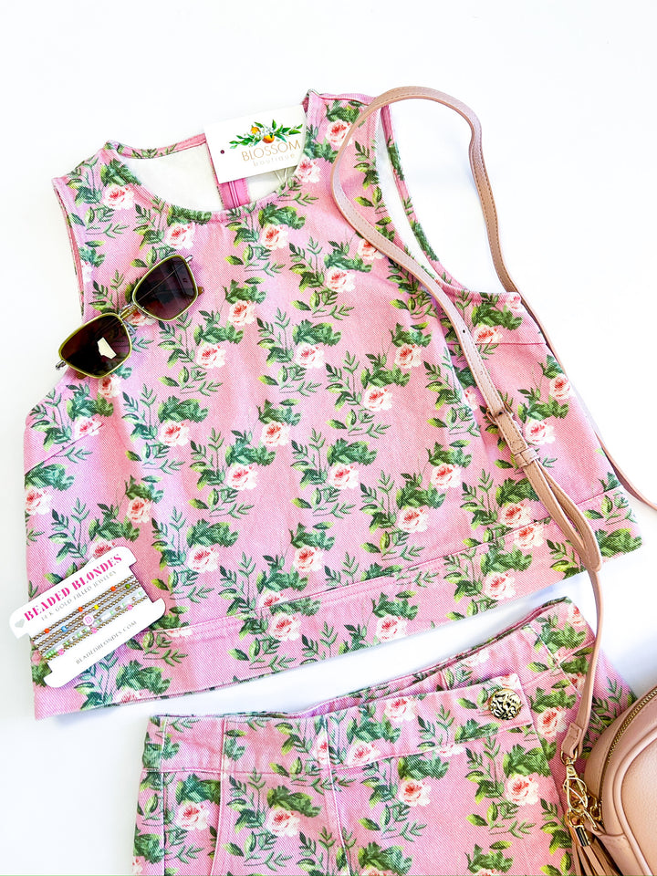 Pink Ellie Floral Denim Skort Set