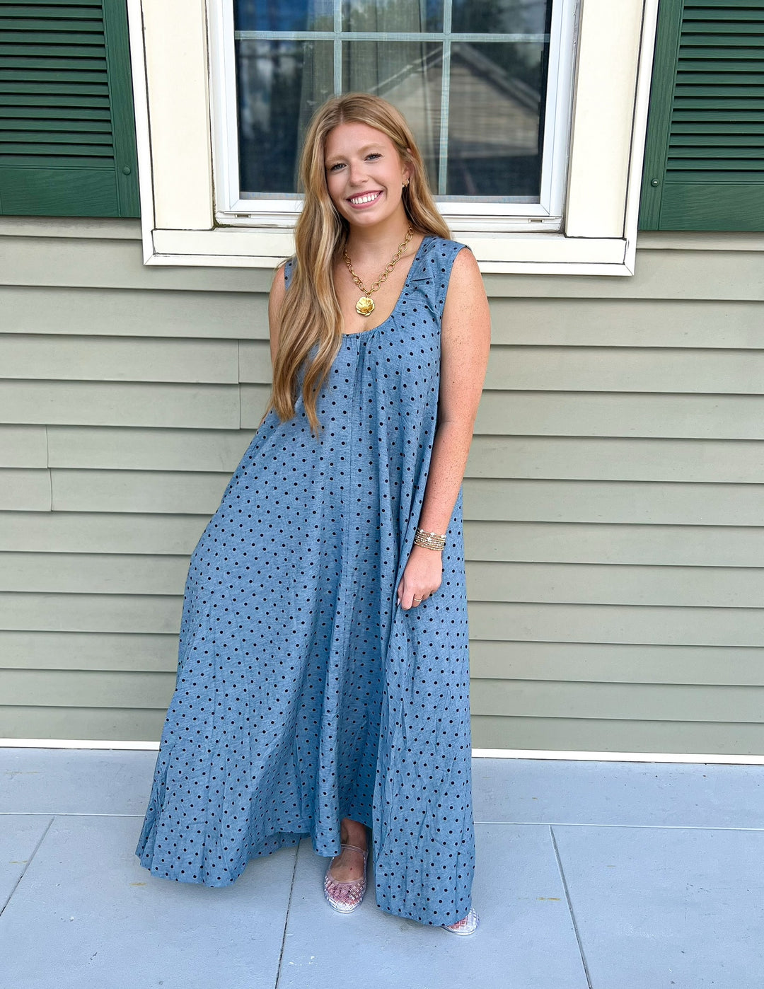 Denim Polka Dot Scoop Maxi Dress