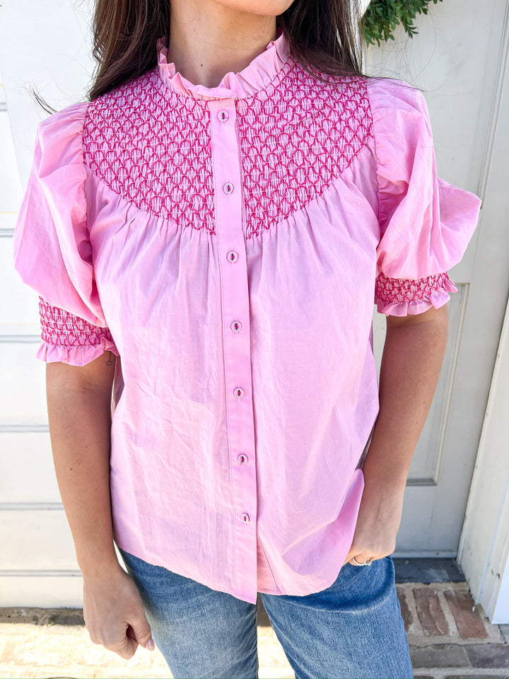 Pink Lillian Embroidered Button Down Top