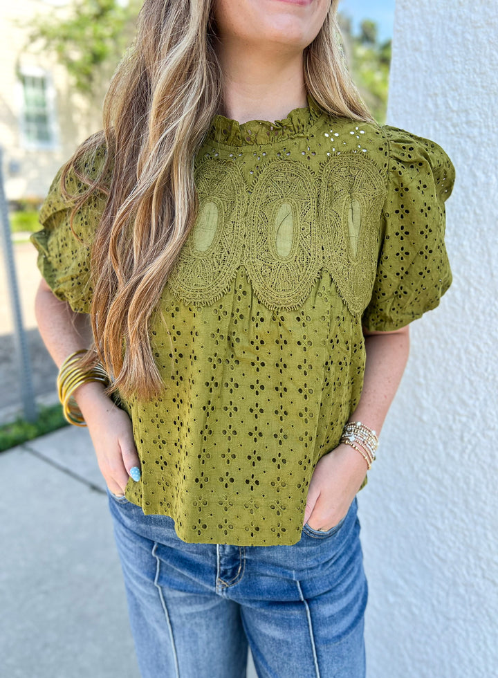 Olive Lollie Eyelet Mixed Top