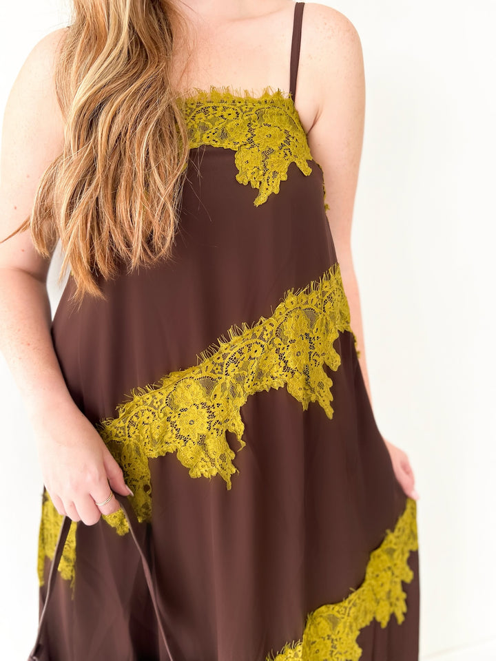 Olive Lace Trim Chocolate Midi